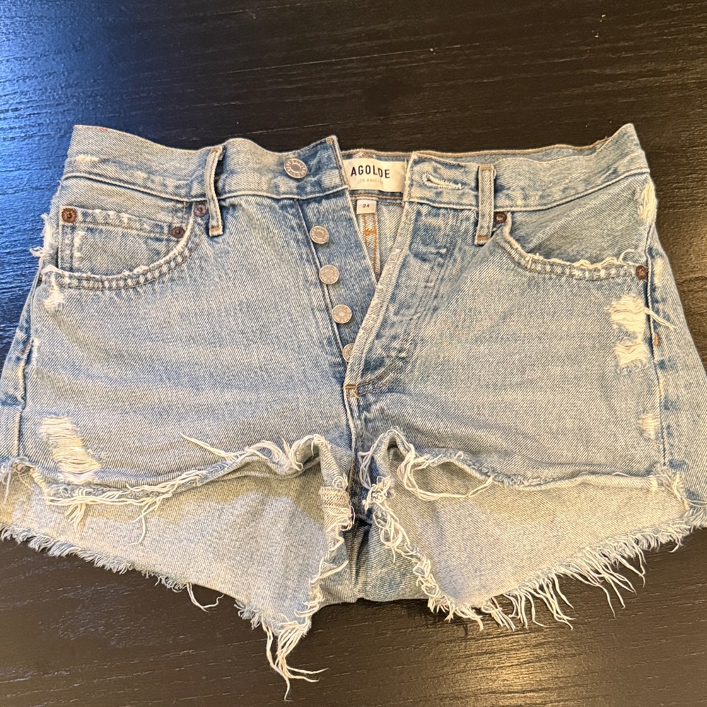 Agolde Frayed Hem Jean Shorts - Light Blue